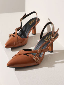 GNIST - Structured Pointed Tan Kitten Mules Heels