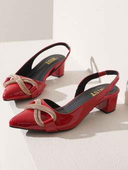 GNIST - Embellished Pointed Red Block Mules Heels
