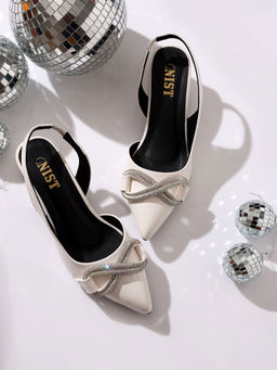 GNIST - Embellished Pointed White Block Mules Heels