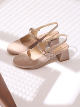 GNIST - Structured Round Toe Nude Block Mules Heels