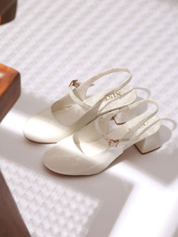 GNIST - Structured Round Toe White Block Mules Heels