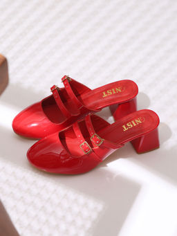 GNIST - Structured Round Toe Red Block Mules Heels