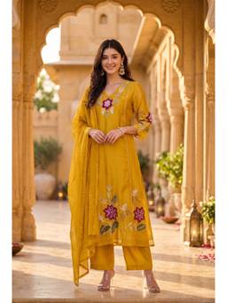WOOMN - Mustard Floral Embroidered Straight Kurta With Pant And Dupatta