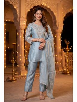 WOOMN - Embroidered Straight Blue Kurta With Pant And Dupatta