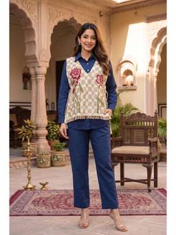 WOOMN - Floral Checkered Vest Blue Co-Ord Set