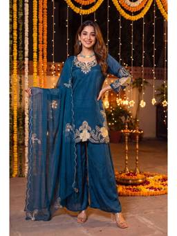 WOOMN - Blue Embroidered Straight Kurta With Palazzo And Dupatta