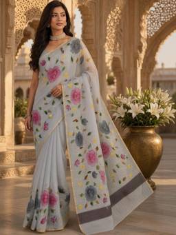 Doria Lifestyle - Grey Floral Kota Saree