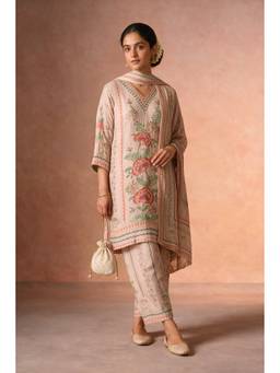 HERITAGE - Pink Tissue Embroidered Kurta With Palazzo And Dupatta