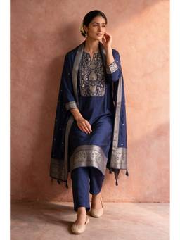 HERITAGE - Blue Dola Silk Zari Embroidered Kurta With Pant And Dupatta