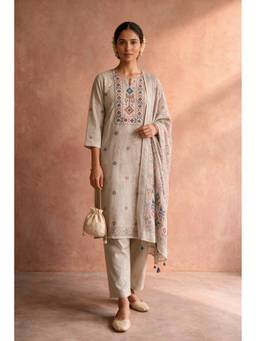 HERITAGE - Warm Ivory Cotton Linen Embroidered Kurta With Pant And Dupatta