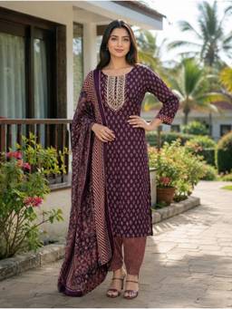 Rajnandini - Women's Wine Cotton Jaipuri Printed Straight Kurta And Pant With Dupatta