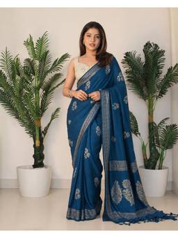 Sitanjali - Blue Embroidered Silk Blend Floral Zari Saree