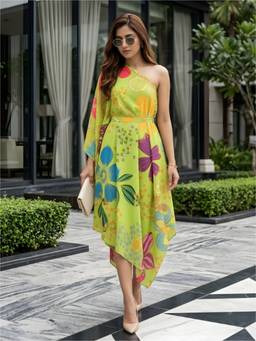 Label Kanupriya - Green Floral Georgette Kaftan Dress With Inner And Belt