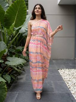 Label Kanupriya - Graphic Landscape One-Shoulder Drape Peach Kaftan Dress