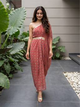 Label Kanupriya - Red Geometric Print Sequinned Draped Kaftan Dress