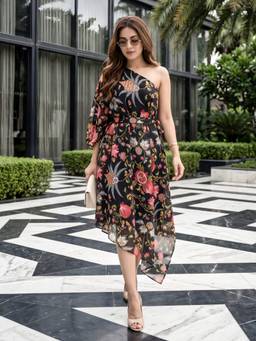 Label Kanupriya - Black Anaar Print Kaftan Dress With Inner And Belt