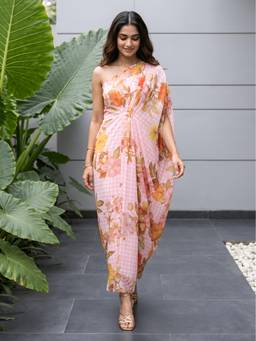 Label Kanupriya - Pink Gingham Meadow Drape Kaftan Dress