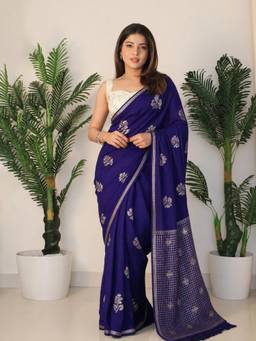 Sitanjali - Blue Embroidered Silk Blend Floral Zari Saree