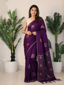Sitanjali - Purple Embroidered Silk Blend Floral Zari Saree