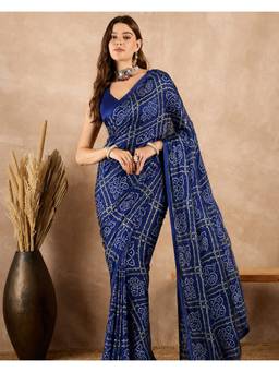 Sitanjali - Navy Blue Georgette Floral Printed Saree