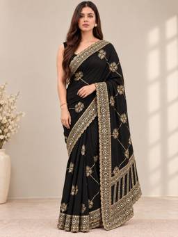 Sitanjali - Black Embroidered Silk Blend Floral Zari Saree