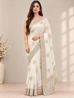Sitanjali - White Embroidered Silk Blend Floral Zari Saree