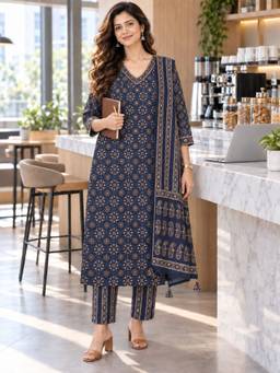 BERRYLICIOUS - Women Blue Geometric Straight Kurta with Pant and Dupatta