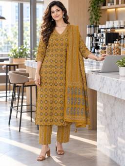 BERRYLICIOUS - Women Mustard Geometric Straight Kurta with Pant and Dupatta