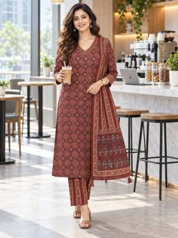 BERRYLICIOUS - Women Rust Geometric Straight Kurta with Pant and Dupatta