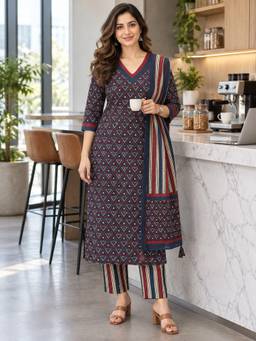 BERRYLICIOUS - Women Wine Geometric Straight Kurta with Pant and Dupatta