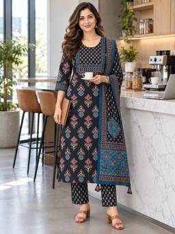 BERRYLICIOUS - Women Black Printed Straight Kurta with Pant and Dupatta