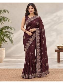 Sitanjali - Brown Embroidered Silk Blend Floral Zari Saree