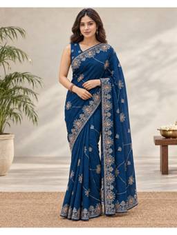 Sitanjali - Blue Embroidered Silk Blend Floral Zari Saree