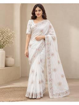 Sitanjali - White Embroidered Silk Blend Floral Zari Saree
