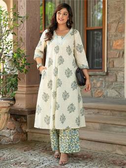 ARAMYA - Soft Cotton A-Line Print Off White Kurta With Palazzo