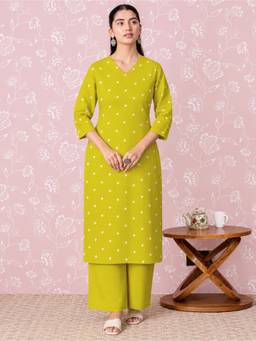 ARAMYA - Soft Cotton Straight Butta Print Green Kurta With Palazzo