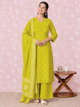 ARAMYA - Soft Cotton Green Butta Print Kurta With Palazzo And Dupatta
