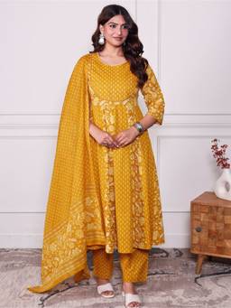 ARAMYA - Soft Cotton Kurta Floral Print Mustard Kurta With Pant And Dupatta