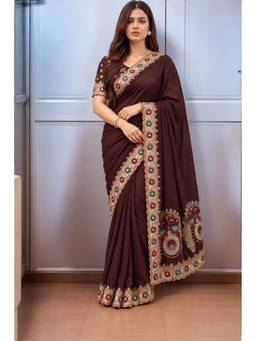 Sitanjali - Brown Embroidered Silk Blend Floral Zari Saree