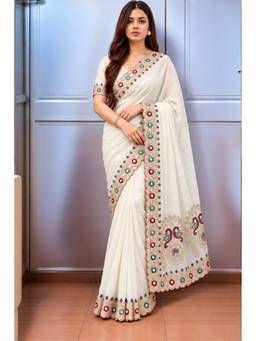 Sitanjali - White Embroidered Silk Blend Floral Zari Saree
