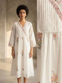 M MARCH LABEL - Women White Embroidered Mulmul Cotton Midi Dress
