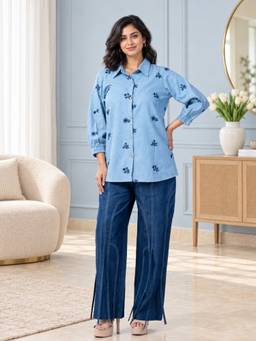 Zolo Label - Light Blue Embroidered Denim Shirt With Pant