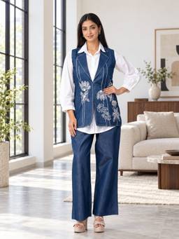 Zolo Label - Denim Navy Blue Floral Embroidered Vest With Shirt And Pant