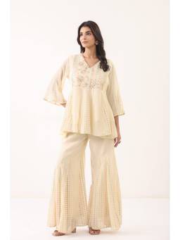 Zolo Label - Women Cream Floral Printed Flared Kurta With Palazzo