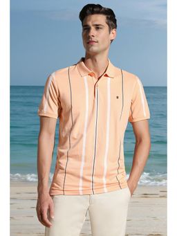 Louis Philippe - Men Peach Stripe Polo Neck T-Shirt