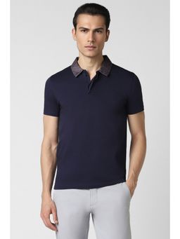 Van Heusen - Men Navy Blue Solid Polo Neck T-Shirt