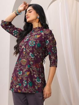 Libas - Burgundy Printed Silk Blend Straight Short Kurtis for Women