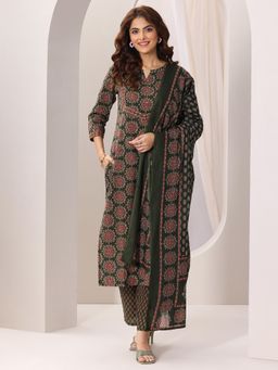 Libas - Green Floral Kurta with Pant and Dupatta (Set of 3)