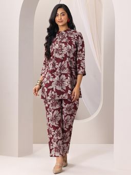 Libas - Maroon Printed Silk Blend Co-Ords for Women