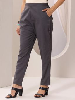 Libas - Grey Solid Cotton Trousers for Women